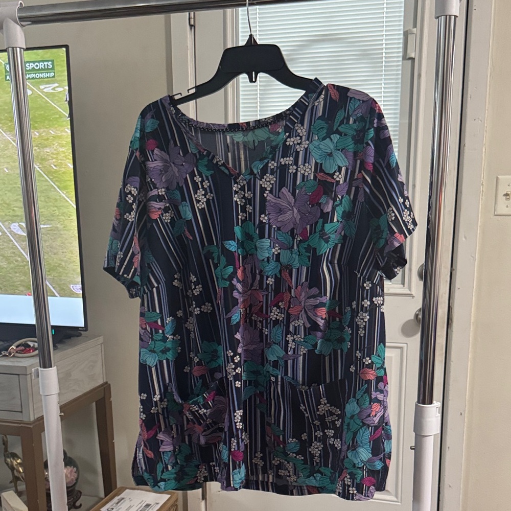 Koi Multicolor Floral and Stripe Blouse